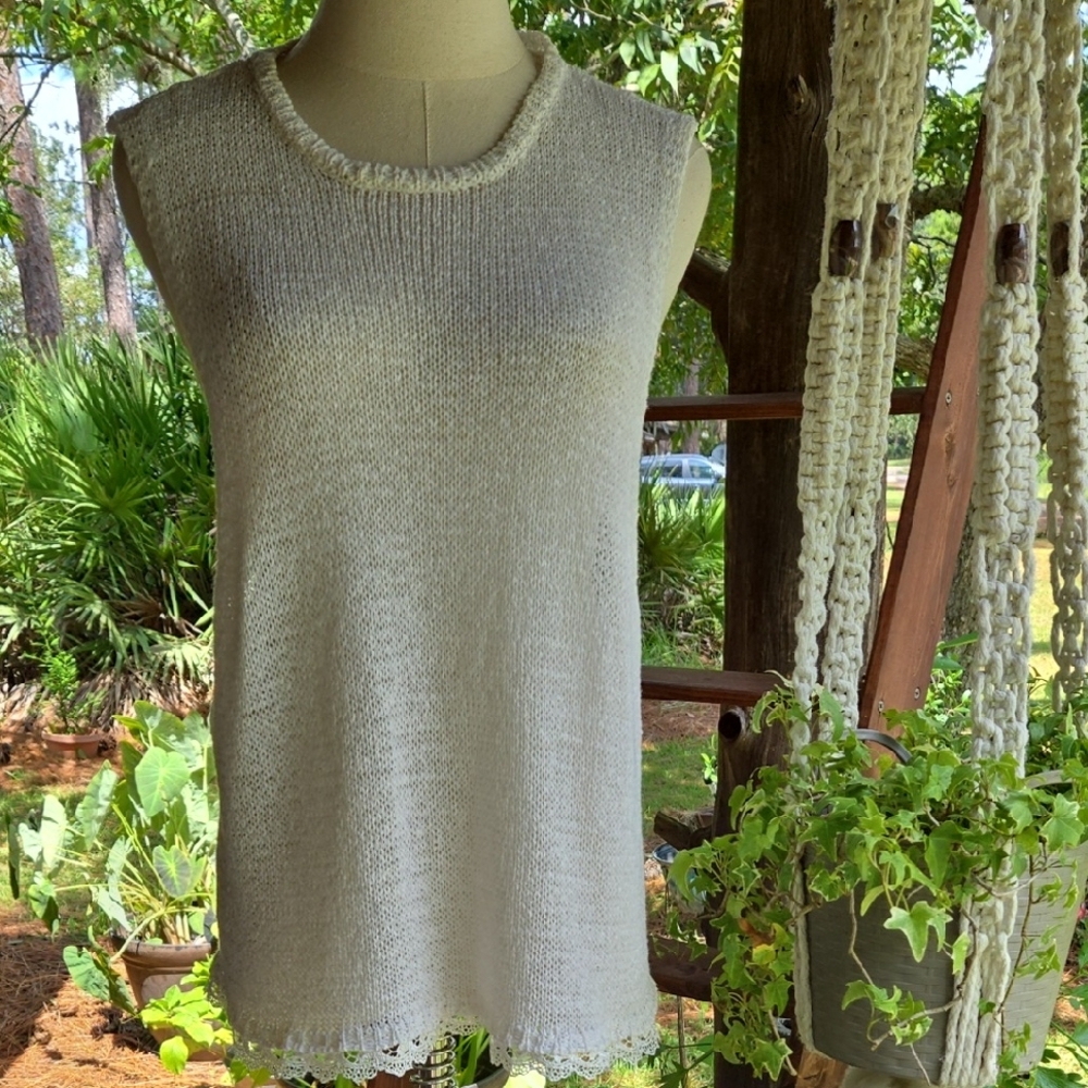 Beige Lace Trim Dropped Arm Hole Sleeveless Sweater - Picture 1 of 8